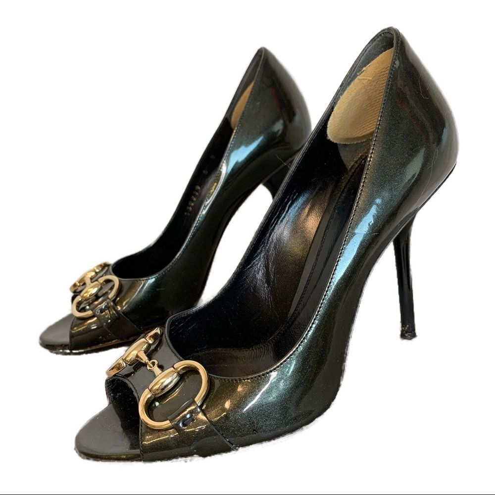 Gucci glitter patent open peep toe horsebit heels Sz 6